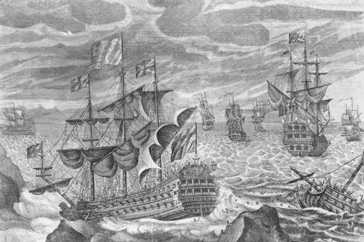 1707 год - крушение эскадры сэра Клаудесли Шавелла (гравюра 18 века)